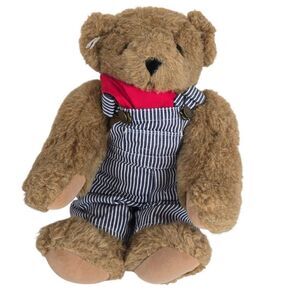 Vermont Teddy Bear Plush Overalls Red Bandana 15" Stuffed Toy Conductor